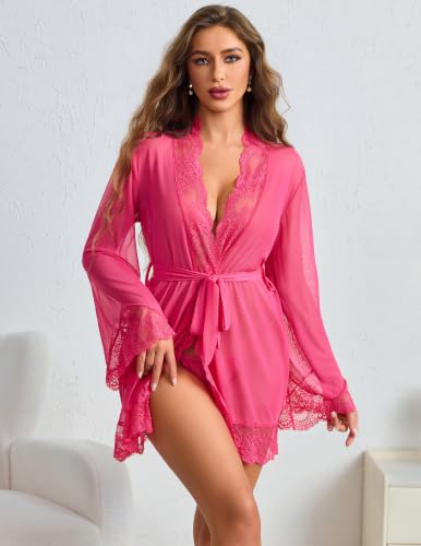 Image of Avidlove Women Lace Kimono Robe Sexy Lingerie Mesh Chemise Cover Up Sets | Sheer Lace Robe, Deep V Neck, Flare Long Sleeve, Adjustable Belt Tie, Matching G String, Beach Cover Up