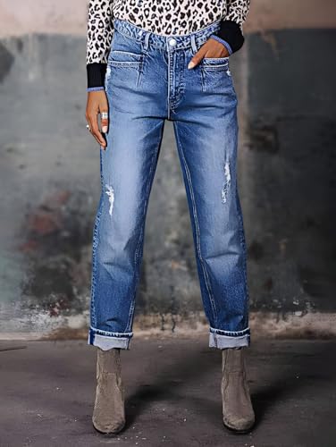 Flamingals Striaght Leg Jeans for Women Mid Rise Boyfriend Ripped Wash Roll Hem Cropped Jeans4