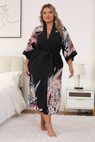 Image of Applesauce - 808V - Plus Size Women's Kimono Long Robe - Vintage Floral (One-Size fits most US 1X 2X 3X)