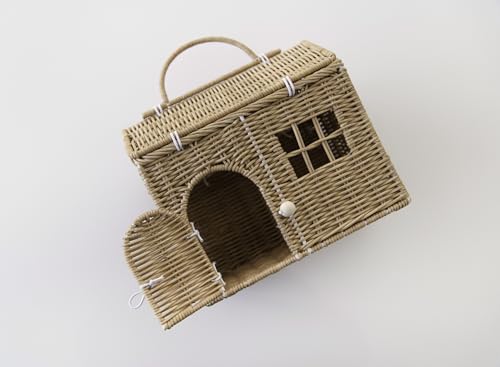 Rool Rattan House Shaped Basket Wicker Small Doll House or Girls, Boho Toys, Mouse in a Box House, Little Girl Purse Clutch, Doll Carrier (Brown)