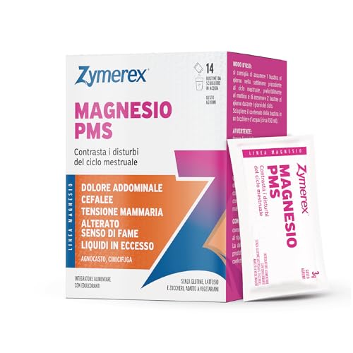Zymerex MAGNESIO PMS | 14 bustine | Integratore ciclo mestruale | Sindrome premestruale | Con Vitamina B6, Agnocasto, Cimicifuga, Bardana, Griffonia | Senza glutine, lattosio e zuccheri