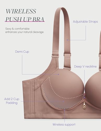 FallSweet Wireless Add 2 Cups Padded Plunge Bras Push Up Back Smoothing Brasieres(Mocha,42C)