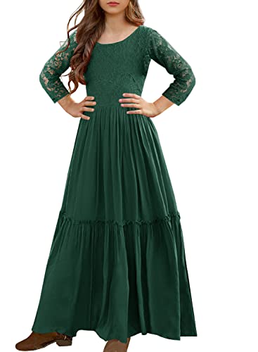 Image of MITILLY Girls Lace Flower Wedding Guest Long Maxi Dress for 6-12 Years | Girls Boho Dress, Girls' Special Occasion Dresses, Wedding Party, Size 6-12 Years, Ruffle Sleeve, A Line, With Pockets