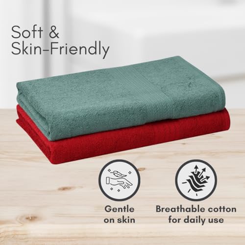 Image of Mafatlal Joy Bath Towel Large Size - Pack of 2 | 58 x 29 inch | Soft Cotton | Quick Dry | Highly Absorbent | 450 GSM | Green N Red