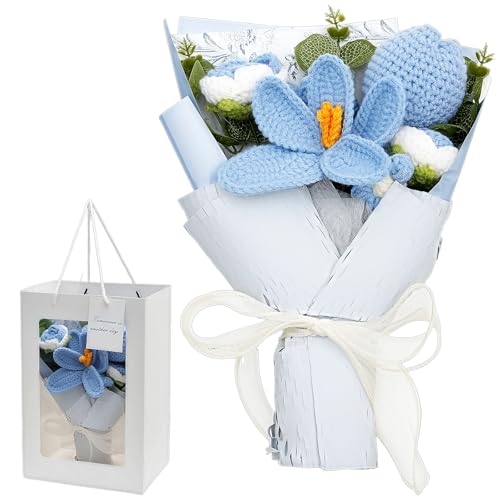 Crochet Flowers Bouquet Handmade Knitted Flowers Bouquet Artificial Fake Rose and Tulips with Present Bag Home Decoration, Mother’s Day, Valentine’s Day, Anniversary, Graduation, Wedding Gift (blue)