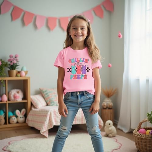 Image of CM C&M WODRO Kid Girl Funny Easter Bunny T Shirt Chillin' with My Peeps Letter Printed Shirt Short Sleeve Tee Tops