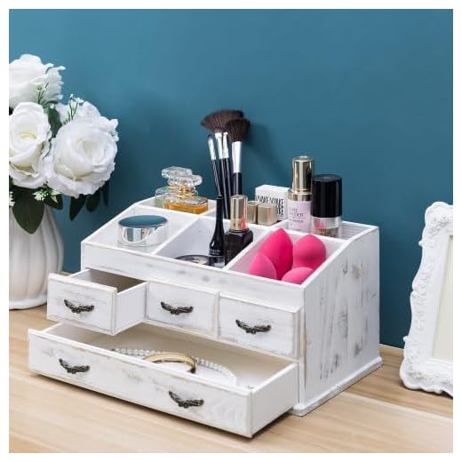 MyGift 7-Compartment Shabby Whitewashed Solid Wood Jewelry/Cosmetics Vanity Organizer Rack with 4 Vintage Storage Drawers