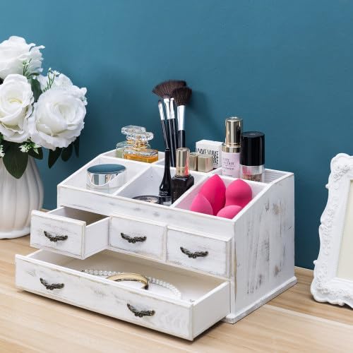 MyGift 7-Compartment Shabby Whitewashed Solid Wood Jewelry/Cosmetics Vanity Organizer Rack with 4 Vintage Storage Drawers