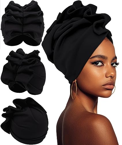 Babalet Stretch Turban Hats for Women - African Double-Layered Headwraps Soft Pre Tied Bonnet Hair Wrap Ruffles Turbans for Black Women, Black