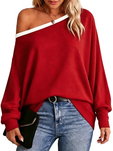Dressmine Off the Shoulder Sweater for Women Batwing Sleeve Cute Winter Outfits Sexy Dressy Cozy Stretchy Sweaters red L