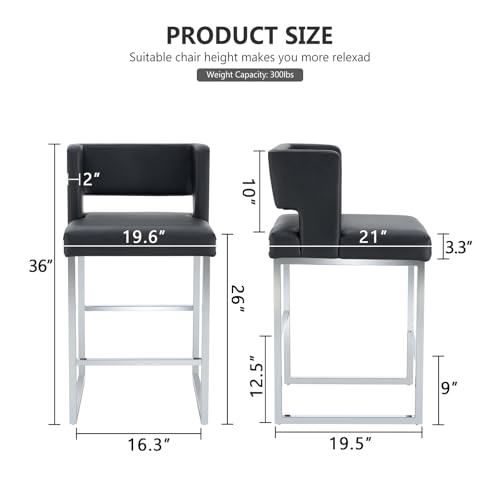Image of 26 inch H Bar Stools Set of 4 with Back, Faux Leather Counter Height Stools with Footrest, Square Metal Frame, Modern Upholstered Bar Chairs for Kitchen Island /Dining Room, Black & Silver Legs