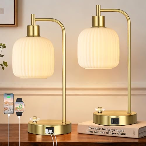 Cream Glass Table Lamps Set of 2, Dimmable Bedside Lamps for Living Room