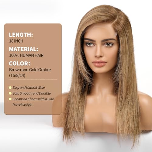 Image of KKU 18 Inch Brown and Gold Ombre Human Hair Wigs for Women,Human Hair Wigs With Bangs,Lace Front Wigs Human Hair