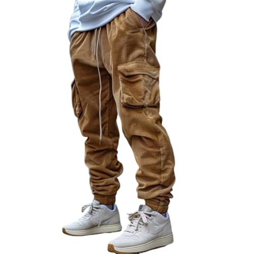 Men's Corduroy Joggers - Elastic Waist Cargo Sweatpants with Tapered Fit