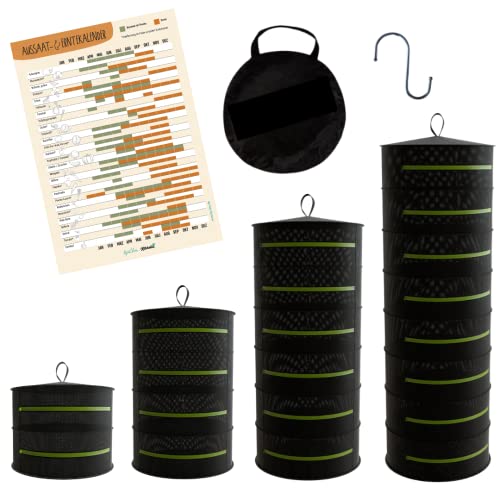 Kitchella Trockennetz - Dörrapparat ohne Strom für Kräuter, Obst, Gemüse, Fleisch - Mit S-Haken, A3 Aussaat- und Erntekalender für Gemüse und Tasche - 4 Etagen Cover