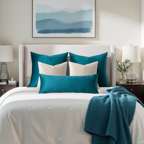 MIULEE 28x28 Inch Euro Sham Velvet Pillow Covers, Set of 2 Large Square Decorative Pillows -Teal Super Soft for King Bed, Sofa, Couch, Accent Chairs with Hidden Zipper