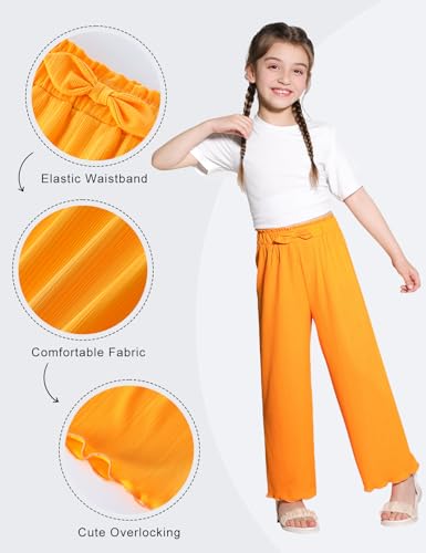 Image of Girls Wide Leg Palazzo Pant Loose Straight Cute Bow Waist Spring Summer Lightweight Dress Pant for Kids 5-14Y
