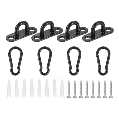 uxcell 4 Pcs Pad Eye Plate, 1.8 Inch 304 Stainless Steel Ceiling Hooks & Snap Hook Marine Hanging U Hook with Screws & Anchors for Securing Hanging, Black
