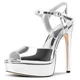 Aachcol Womens Peep Toe Platform Heels Ankle Strap Stiletto High Heel Sandals Prom Dress Shoes 5.1 Inches Heels Silver 12 M US