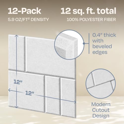 Image of Acoustic Panels 12-Pack Soundproof Wall Panels 12 inchx12 inchx0.4 inch Decorative Sound Dampening for Your Home, Office, Studio, Bedroom & More with Unique GridFrame Carving [White]