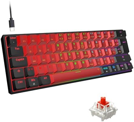 Snpurdiri Clavier Mécanique 60% Filaire Switch Rouge, Clavier Gaming Compact Noir et Rouge AZERTY, Clavier Gaming Mini avec 62 Touches LED Rétroéclairage Arc-en-Ciel pour Gamer, PC, Office
