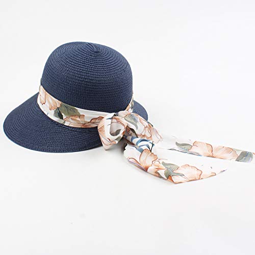 Kids Girl Summer Straw Hat Foldable Wide Brim Cap Sun Visor Hats Sun Beach Hats Bowknot Floppy Caps (Navy, One Size)3