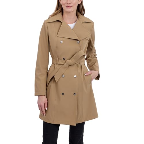 Calvin Klein Women's Trench Coat, Double Breasted with Detachable Hood and Belt, Tiger Eye, Small