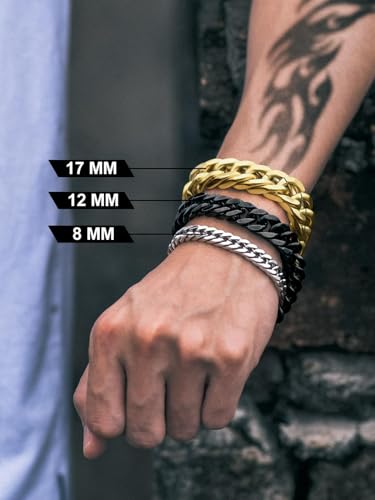 Richsteel Gold Plated Stainless Steel 17mm Classic Curb Chain Link Bracelet for Men