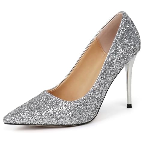 starmerx Women's Pointed Toe High Heel Pumps Elegant Slip On Stiletto Pumps Comfortable Closed Toe Wedding Dress Shoes (9,Silver Glitter) Cover