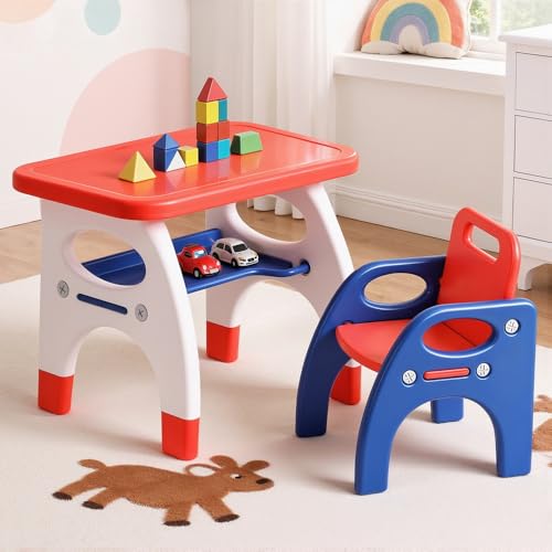 Keezi Kids Table and Chair Set, 1 Table and 1 Chair Toddler Activity Furniture, Non-Slip HDPE with 40kg Capacity, Ergonomic Design, Orange/Yellow