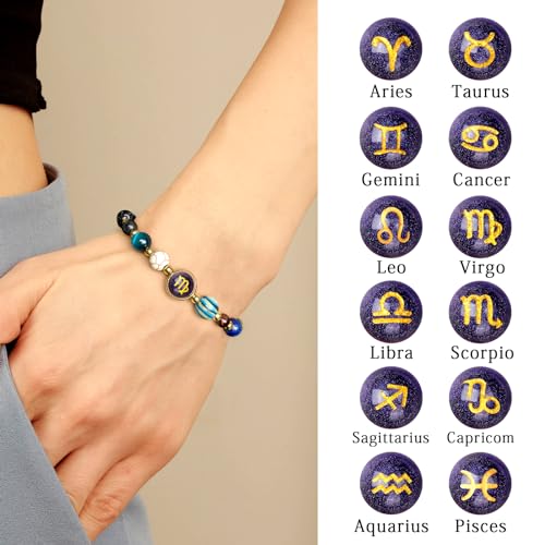 Zodiac Beaded Bracelets for Women, 12 Constellations Crystal Stone Bracelet for Birthday Zodiac Gifts, 18k Gold Constellation Charm Bracelet Jewellery3