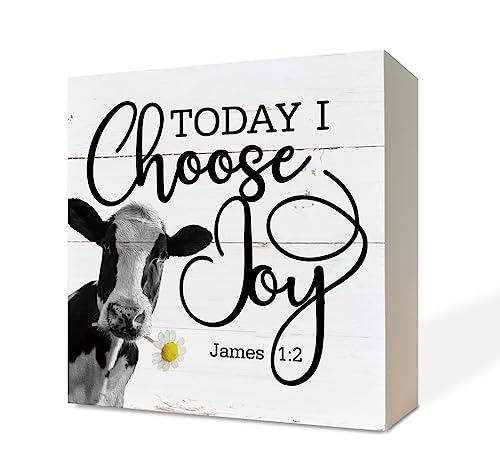 Christian Wood Signs, James 1:2 - Today I Choose Joy, Box Sign Decor Tabletop, Cow Decor Sign, Decorative Block Sign, Inspirational Sign, Farmhouse Decor for Shelf, Rustic Christian Home Table Décor