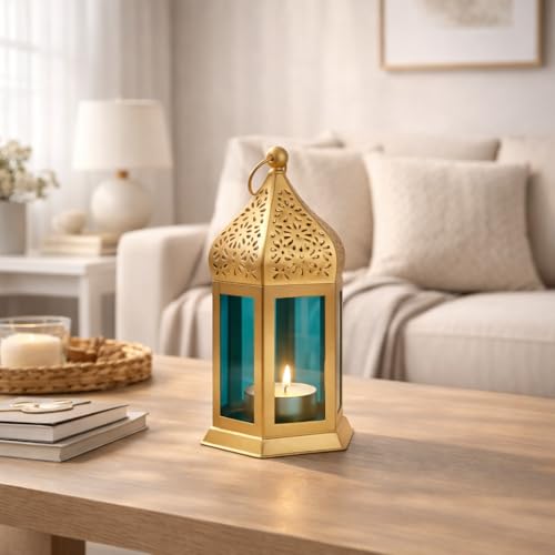 Image of MARKET 99 Metal+Glass Moroccan Lantern with Plain Glass | for Diwali, Christmas, Birthday, and Wedding | Decorative Candle Holder for Home Decor -Golden & Blue | (Use LED T-Light only)
