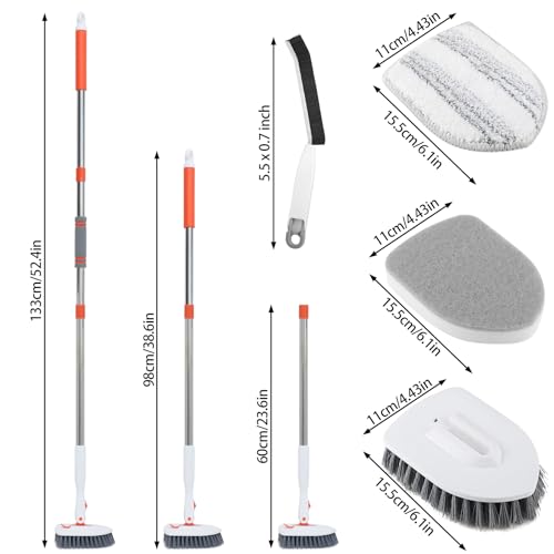 Bathroom Tile Cleaner Shower Scrubber Cleaning Brush, 3 in 1 52 Inch Long Handle Scrubbing Brush with Locked Head, Stiff Bristles Scrub Brush for Kitchen Tub Tile Sink Wall - Image 2