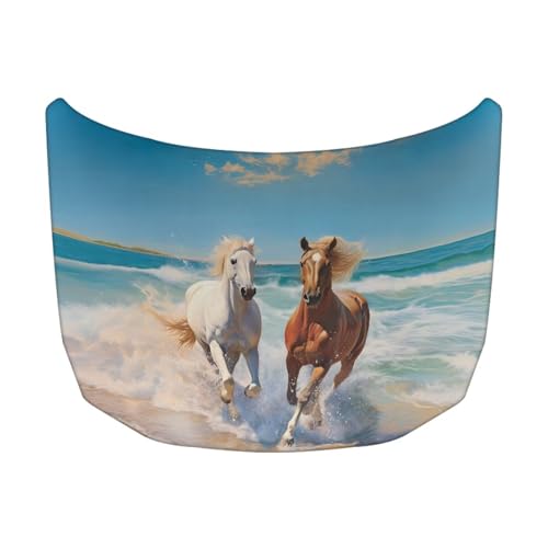 Image of Horse Beach Print Car Hood Cover Elastic Fabrics Automotive Hood Covers Washed Vehicles Decorate Suitable for SUV and Pickup Trucks (59.05 X 39.37 inches)
