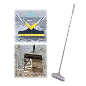 Floor Scrub Brush with Long Handle, 2 in 1 Floor Brush Scrub Brush, Adjustable V Shaped Cleaning Brush, 120 Degree Rotating Bathroom Kitchen Floor Crevice Cleaning Brush with Squeegee (Beige)