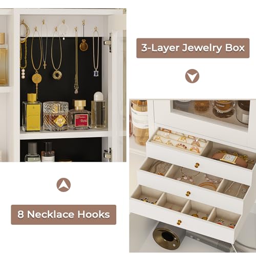 BTHFST Makeup Vanity with Charging Station & 3-Layer Jewelry Box, Vanity Desk with Sliding Mirror and Lights, Vanity Table with 8 Necklace Hooks & 5 Drawers & Shelves, White