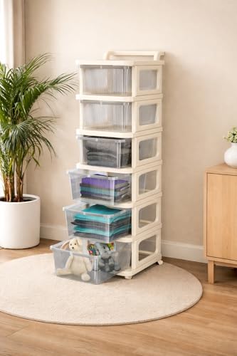 Image of KITCHIVO Heavy Duty Plastic Storage Drawer with Wheels | Modular Cabinet for Bedroom, Office, Home or Classroom| Chest of Drawers Organiser for Cosmetics, Kitchen items, Toys (White, 6)