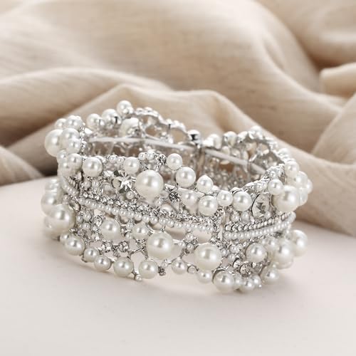 EVER FAITH Crystal Pearl Flower Bridal Stretch Bracelet for Women Bride by EVER FAITH - Used condition - Image 5
