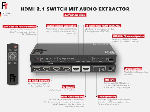 FeinTech SW411 HDMI 2.1 Switch 4 w 1 Out z ekstraktorem audio do systemów dźwiękowych z wejściem HDMI, Toslink i AUX, obsługuje 4K 120Hz i 8K
