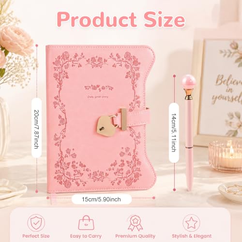 Image of Climberty B6 Heart Lock Diary for Girls Aesthetic, Rose Embossed PU Leather Journal with Keys, 180 Sheets Vintage Floral Personal Writing Notebook Set with Pearl Pen, Secure Diary with Lock for Women