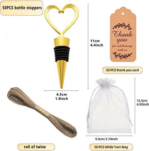 50Pieces Love Design Heart Shape Wine Stoppers For Wedding Favors,Party Return Gifts For Guests, With White Sheer Bag And Blessing Card (Gold) #TOP1