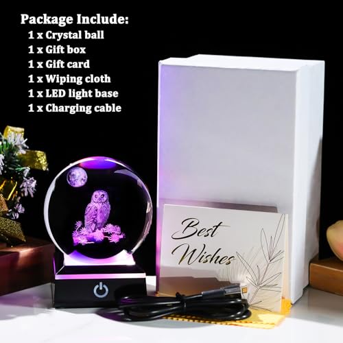 Image of Arikyrist 3D Owl Crystal Ball Figurine with LED Base Laser Owl Gifts for Men Women Owl Lovers on Christmas Birthday Decorative Owl Statue Ball Glass Animals Globe Night Light for Home Decor (80mm)