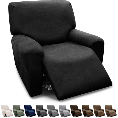 Pfrstuv Chair Covers 4-Pieces Recliner Chair Covers 1 Seater Cover for Recliner Chair Leather Look Recliner Slipcovers with Pockets Spandex Fabric Furniture Covers(XL Recliner, Black)
