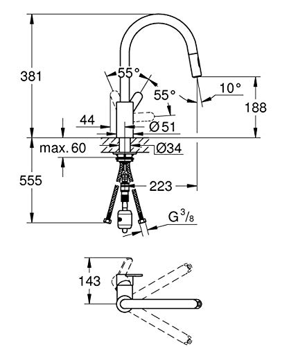 GROHE Eurostyle Cosmopolitan - Einhand-Spültischbatterie (mit herausziehbarer Laminarbrause, Schwenkbereich 360°, Einlochmontage), chrom, 31482003 - Image 3