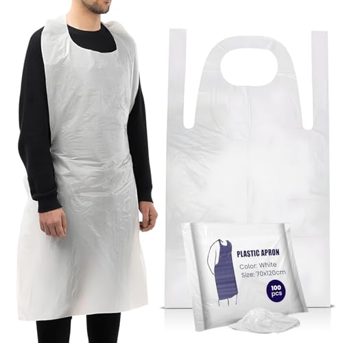 100 Disposable Aprons White Flat Pack Multipurpose Strong Waterproof Plastic Aprons in Bulk Sizes Quantity Ideal for Catering, Cooking, Clinics, Hospitality & Workplace Protection.