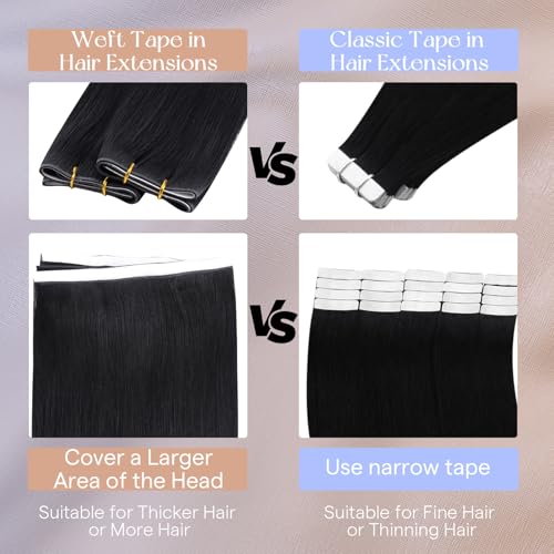 Image of Full Shine Tape in Weft Hair Extensions, Jet Black 18 Inch