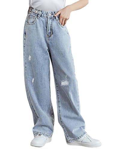 SANGTREE Girls Wide Leg Jeans Elastic Waist Denim Pants Baggy Jeans for Girls,Blue-Ripped，13-14 Years = Tag 170