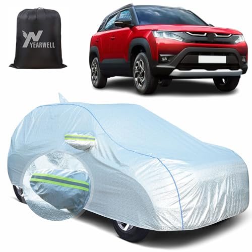 Image of Car Body Cover for Maruti Brezza, 100% Waterproof, Heat-Resistant with Mirror & Antenna Pockets, Soft Cotton Lining, Triple Stitched, Piping & Reflector (Reflective Silver)