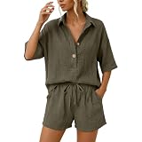 Conjuntos Mujer Verano Casual Dos Piezas Pantalon Cortos y Blusa Elegante Conjunto Lino Chándal Camisa Manga Corta Conjunto de Verano Ropa de Playa Chandal con Bolsillos